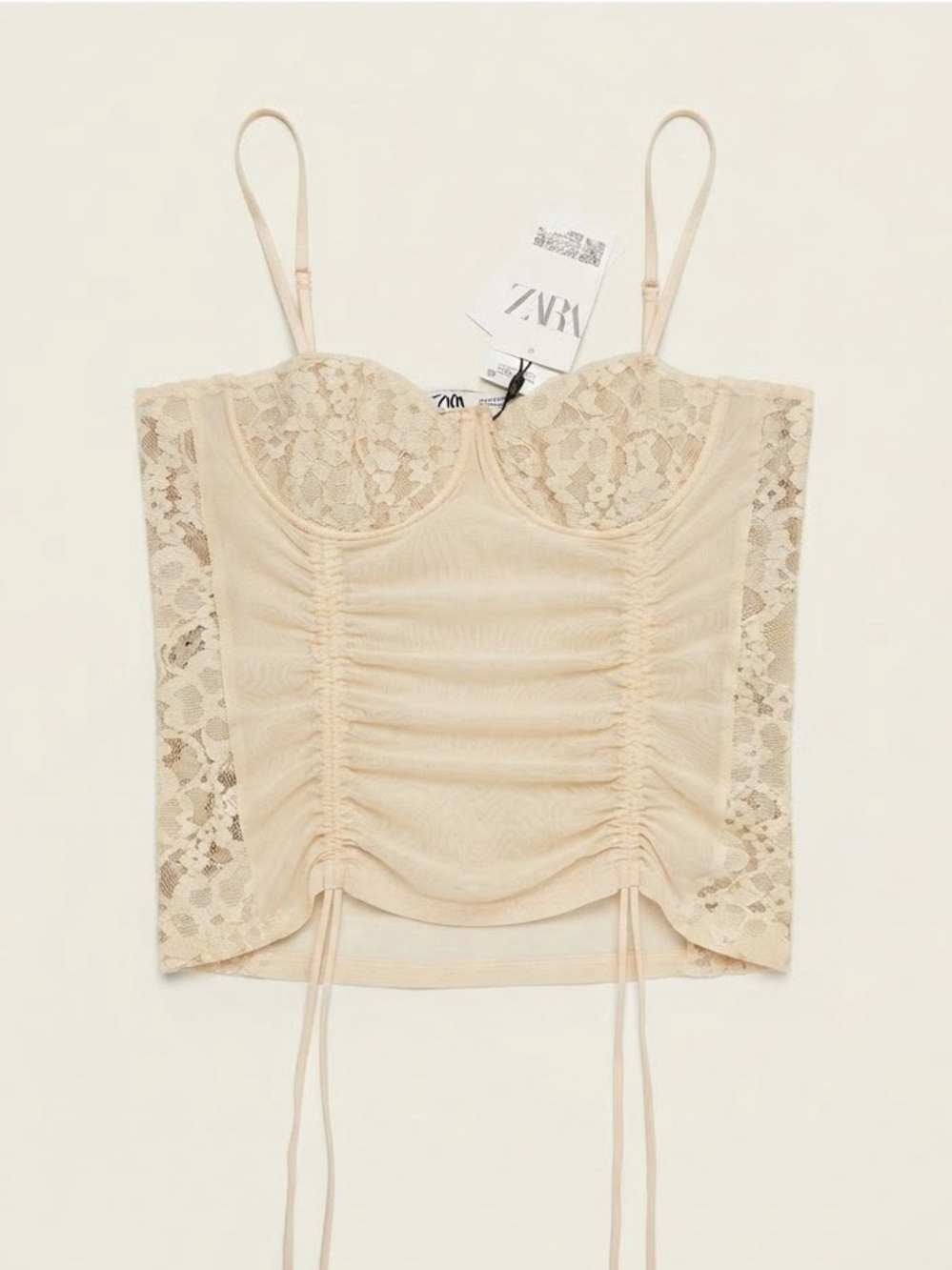 ZARA NWT Cream Ruched Lace Corset Top Mesh Y2K Cottagecore Bustier/ Size S/M